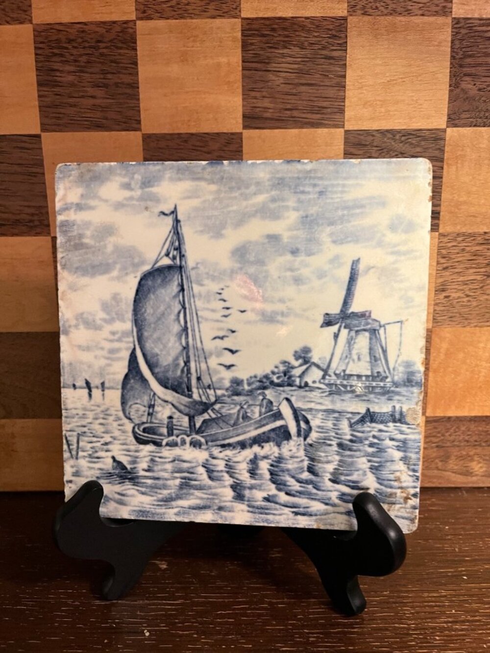 Blue and White Delftware Tile Windmill Sailboat A740, some chips